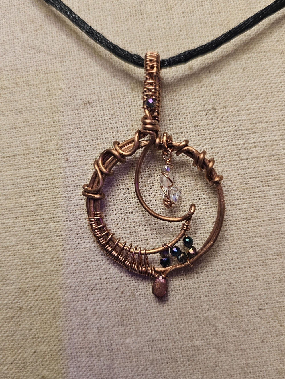 Handcrafted Copper Wire Moon Pendant Necklace with Iridescent Crystal Beads
